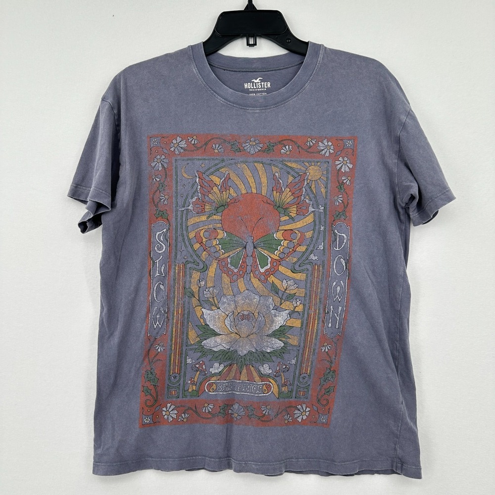 Hollister T-Shirt Mens XS Blue Gray Seek Peace Streetwear Indie Boho Beach Skate